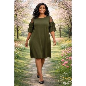 Mod X Olive Green Tiered Ruffle Mesh Sleeve Knit Shift Dress 1X A446817